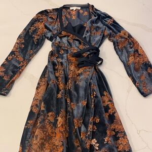 Navy Floral Wrap Dress with Orange Accents